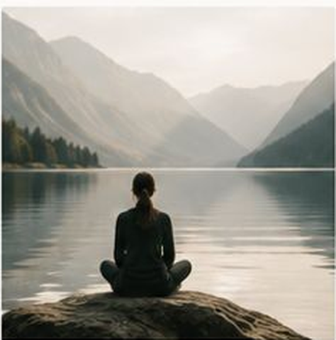 A woman sitting in stillness beside a mountain lake at dawn