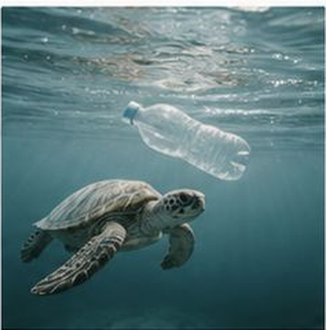 A sea turtle swimming beneath a floating plastic bottle